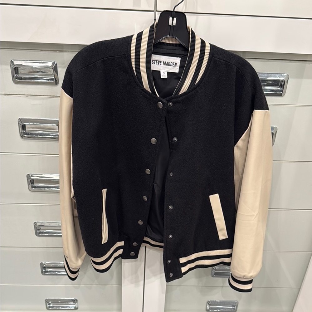 Steve Madden Varsity Jacket in Black and Cream